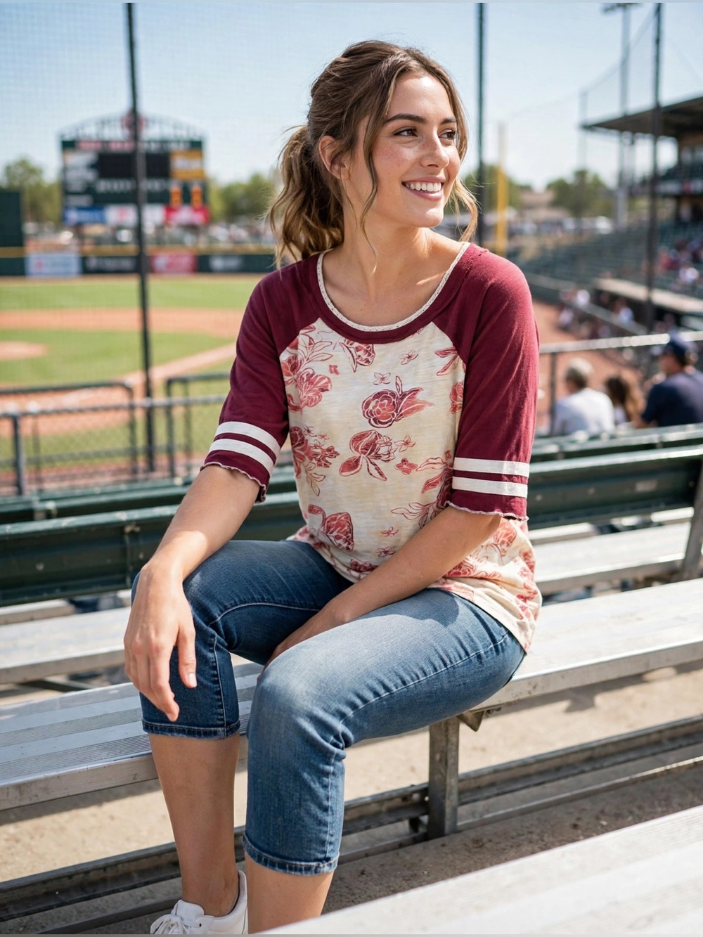 Cato Burgundy Raglan Floral Tee with Cream Body